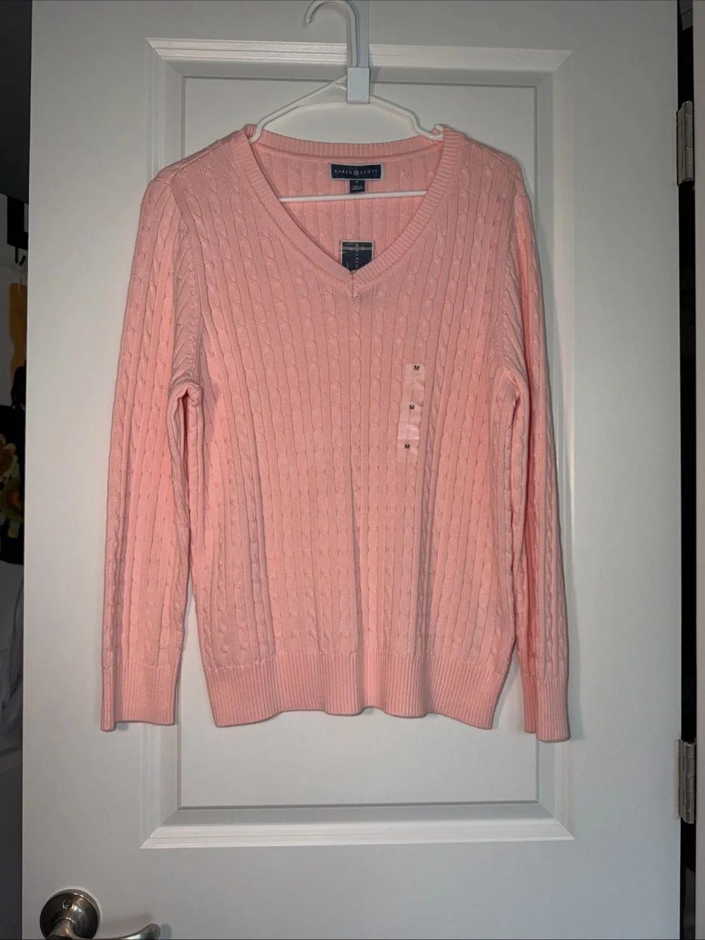 Karen Scott Bubblegum Pink V-Neck Cable Knit Sweater